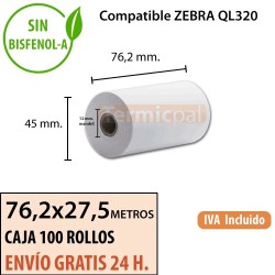100 Rollos Térmicos 76.2mm x 27.5m. Para ZEBRA QL320 – *75x45x12*