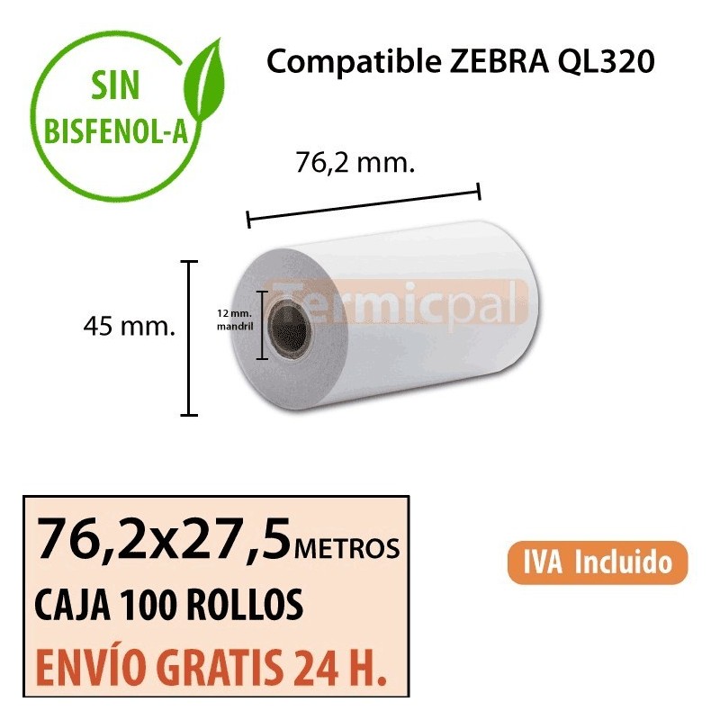 100 Rollos Térmicos 76.2mm x 27.5m. Para ZEBRA QL320 – *75x45x12*