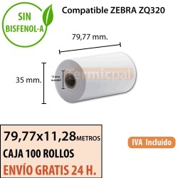 100 Rollos Térmicos 80 mm x 11.28m. Para ZEBRA EZ320 – *80x35x12*