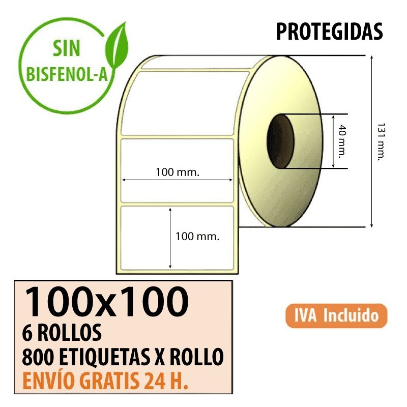 100x100 - 6 Rollos Etiquetas Térmicas PROTEGIDAS