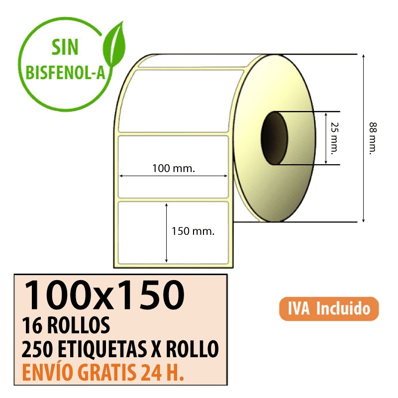100X150 - 16 Rollos Etiquetas Térmicas 250 ET/ROLLO