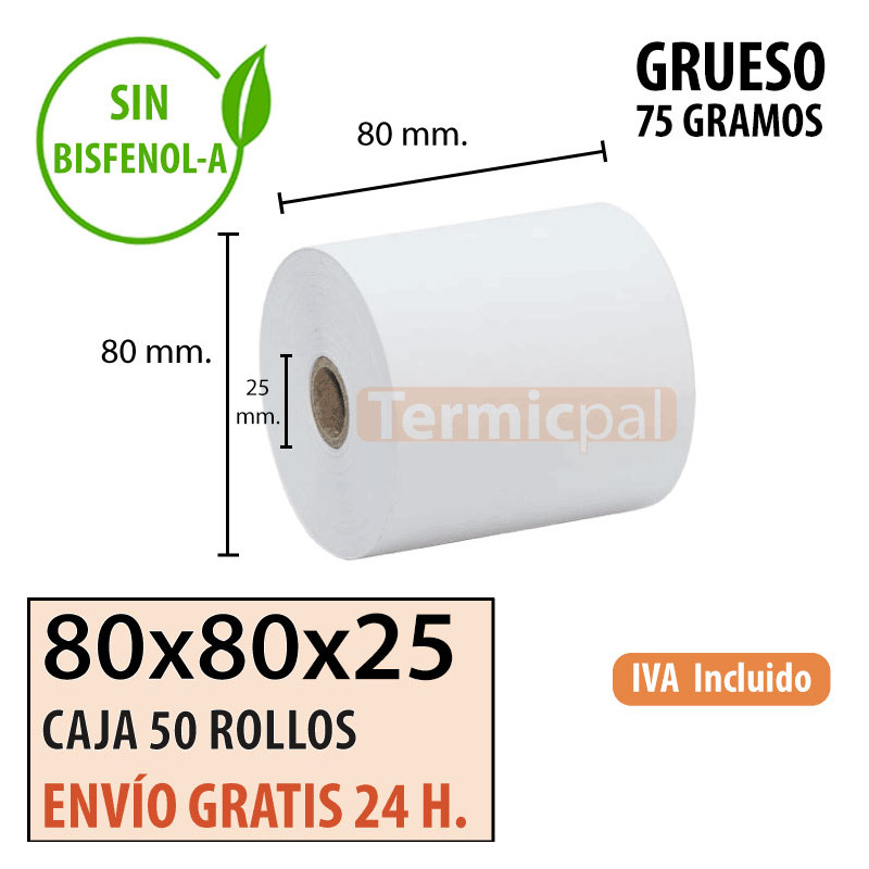 Papel térmico PREMIUM 80x80 75 gr. Envío urgente gratis