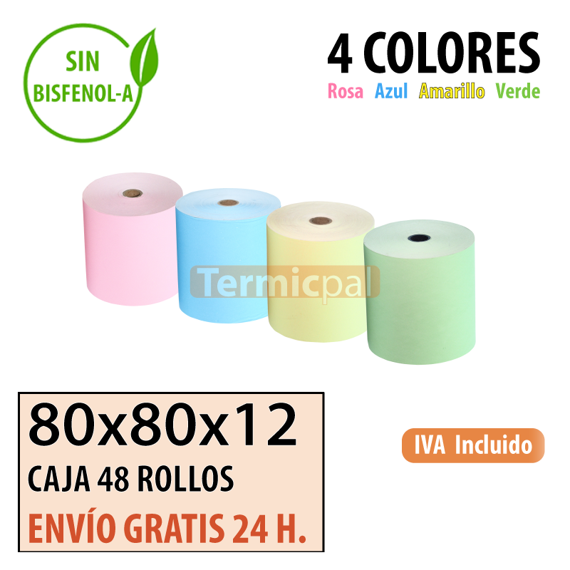 Papel térmico 80x80 de Colores Surtidos Envío Urgente Gratis