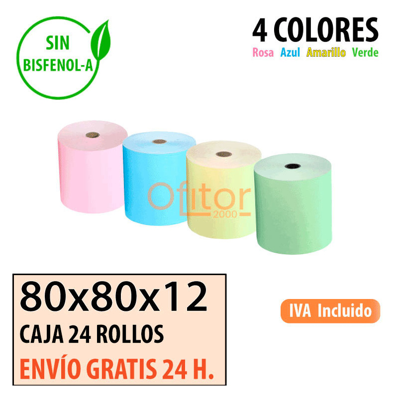 Papel térmico 80x80 de Colores Surtidos Envío Urgente Gratis